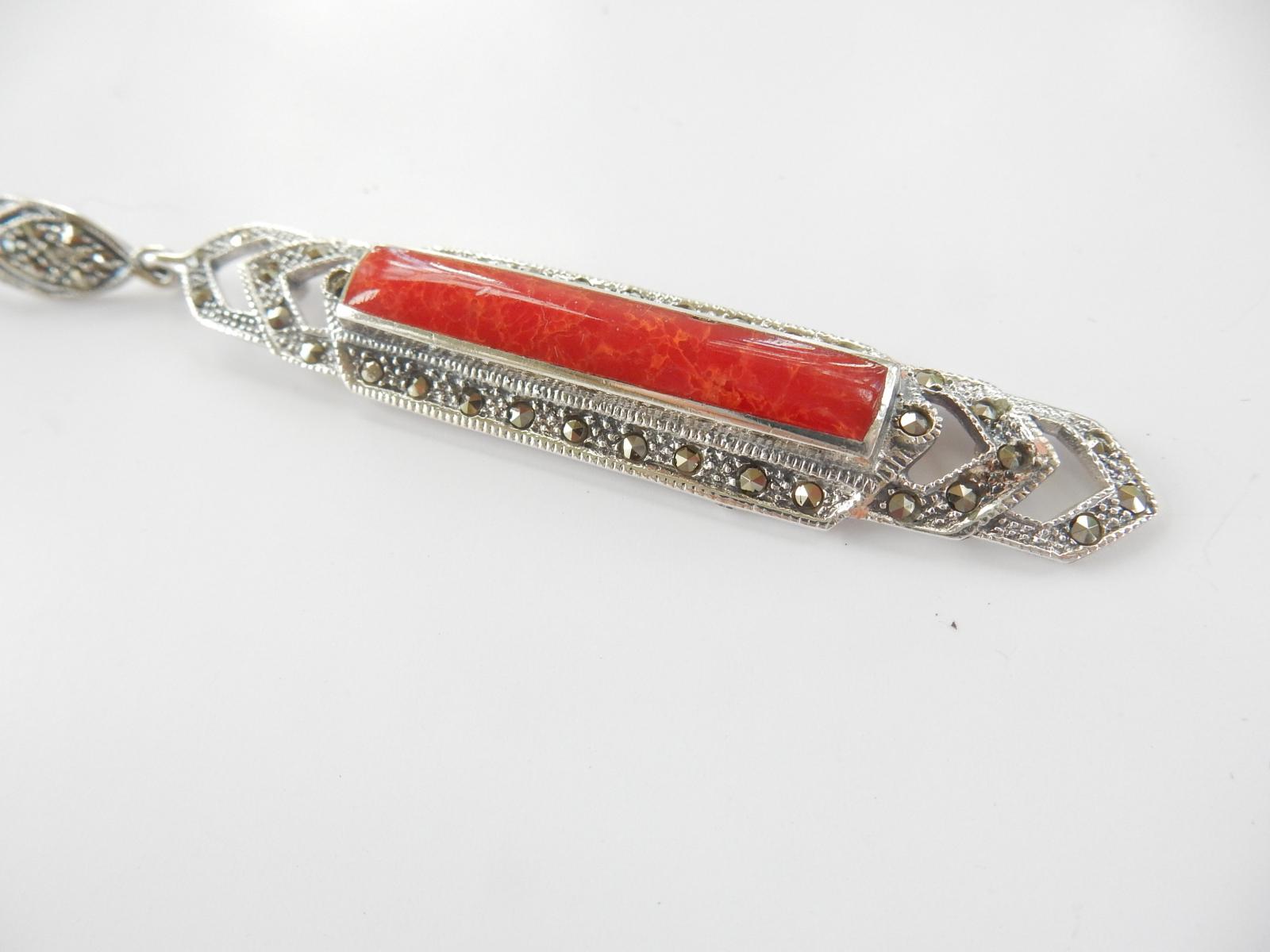Photo of Silver Marcasite & Coral Art Deco Pendant