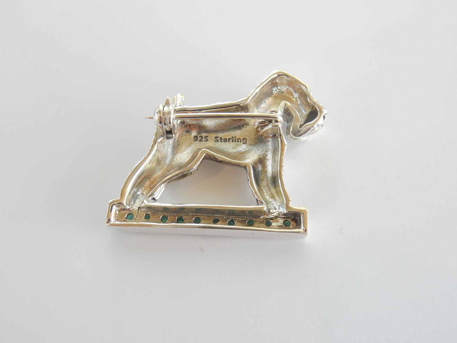 Victorian Style Large Scotty Dog Pin Brooch with Emerald and Sapphire Stone 925 Sterling Silver