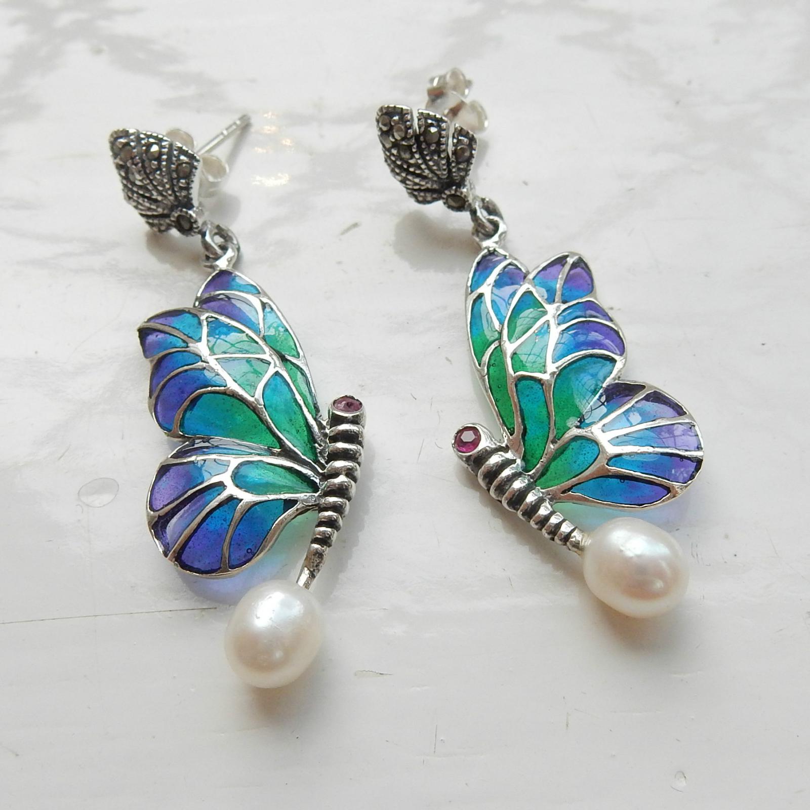 Photo of Silver Pearl & Enamel Insect Droplet Earrings