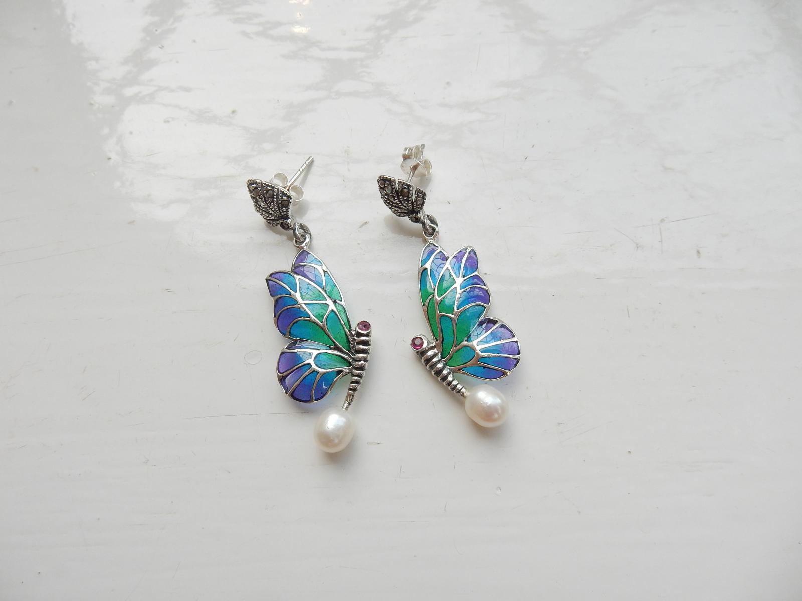 Photo of Silver Pearl & Enamel Insect Droplet Earrings