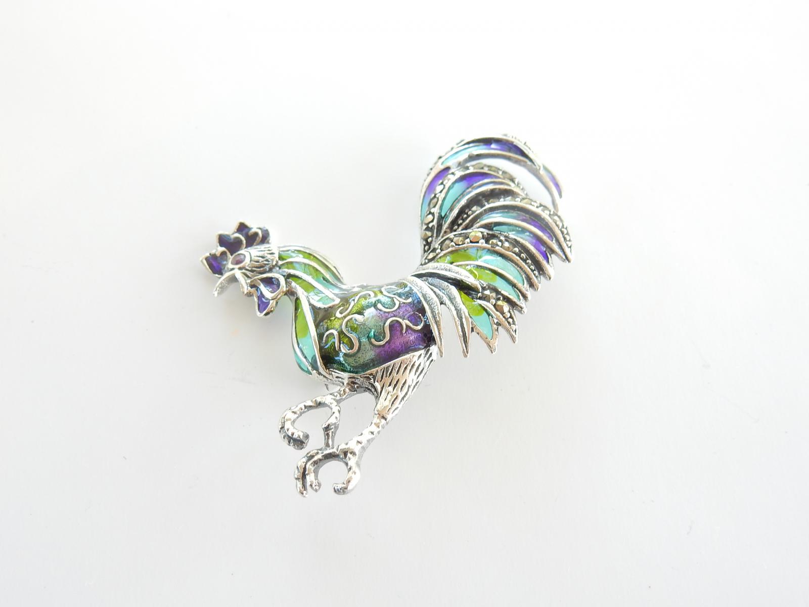 Photo of Silver Enamel & Ruby Rooster Brooch